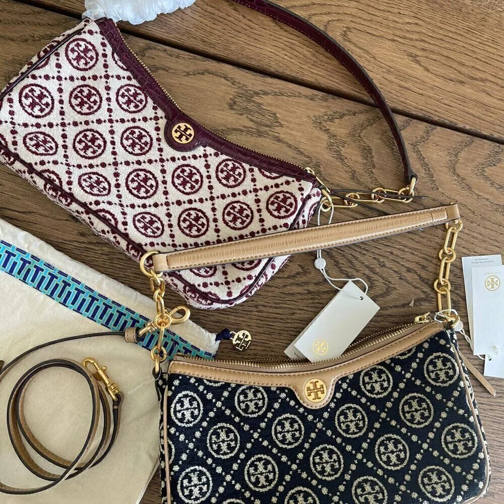 NWT! NEW! Tory Burch T MONOGRAM CHENILLE STUDIO BAG -Claret